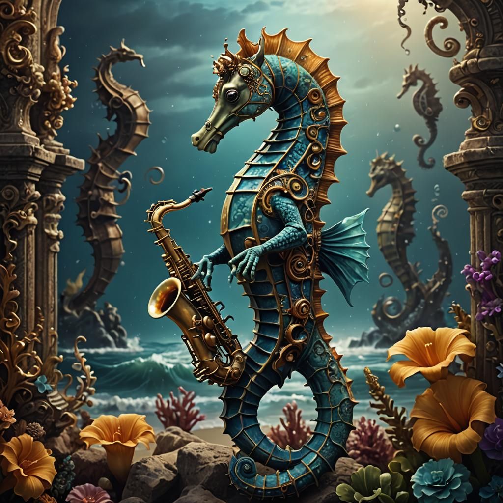 Seahorse Plays Saxophone in Cinematic Digital Painting