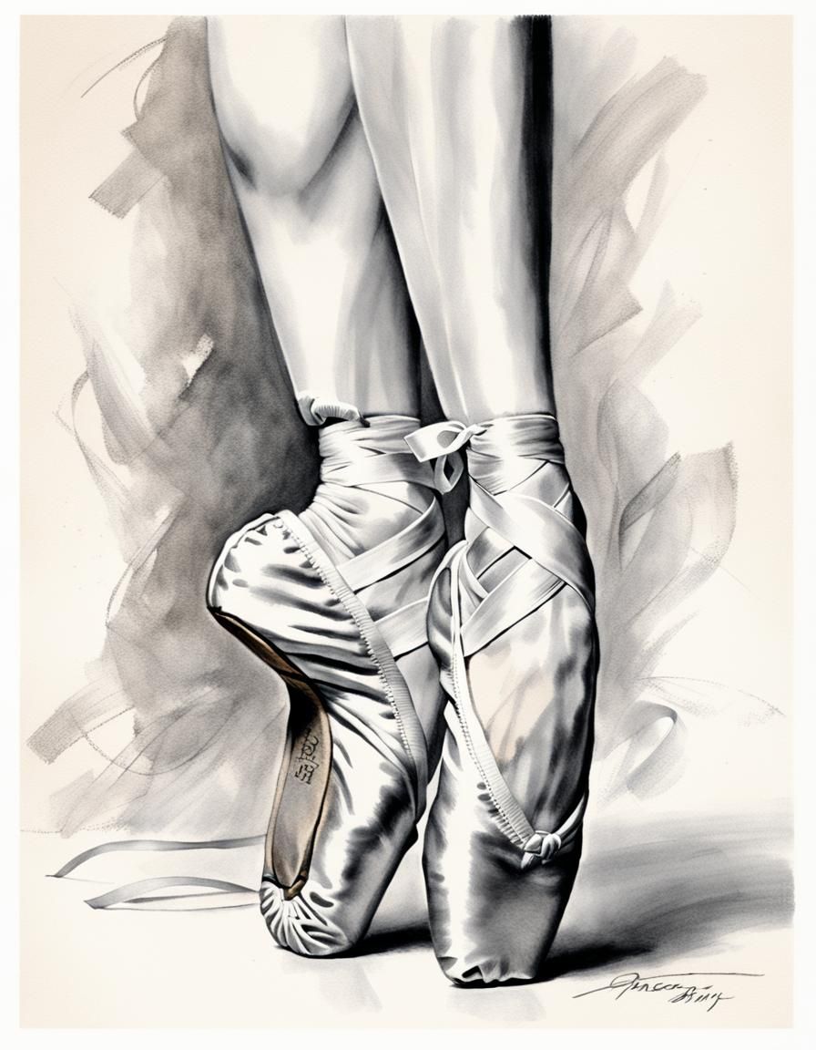Ballet Shoes Pencil Sketch with Dancer's Feet