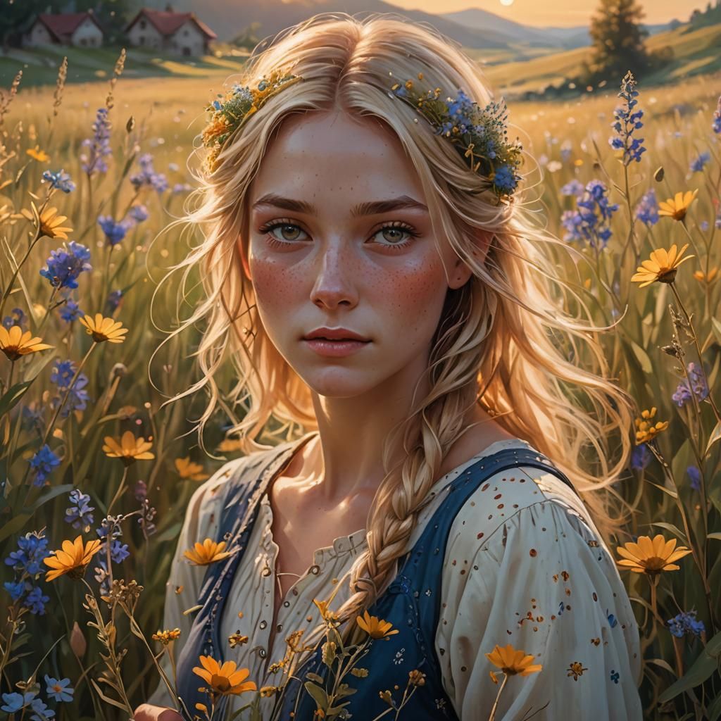Village Girl Gathering Wildflowers in Sunlit Meadow