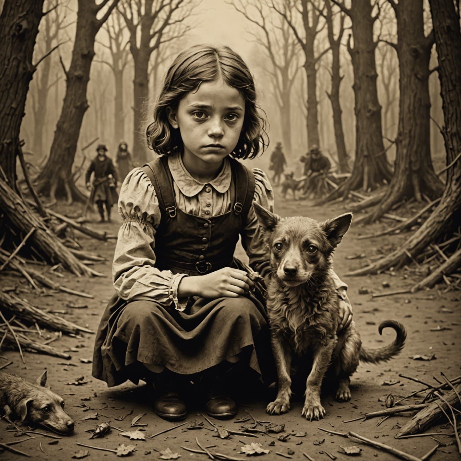 Girl and Pet in Sepia Vintage Horror Style