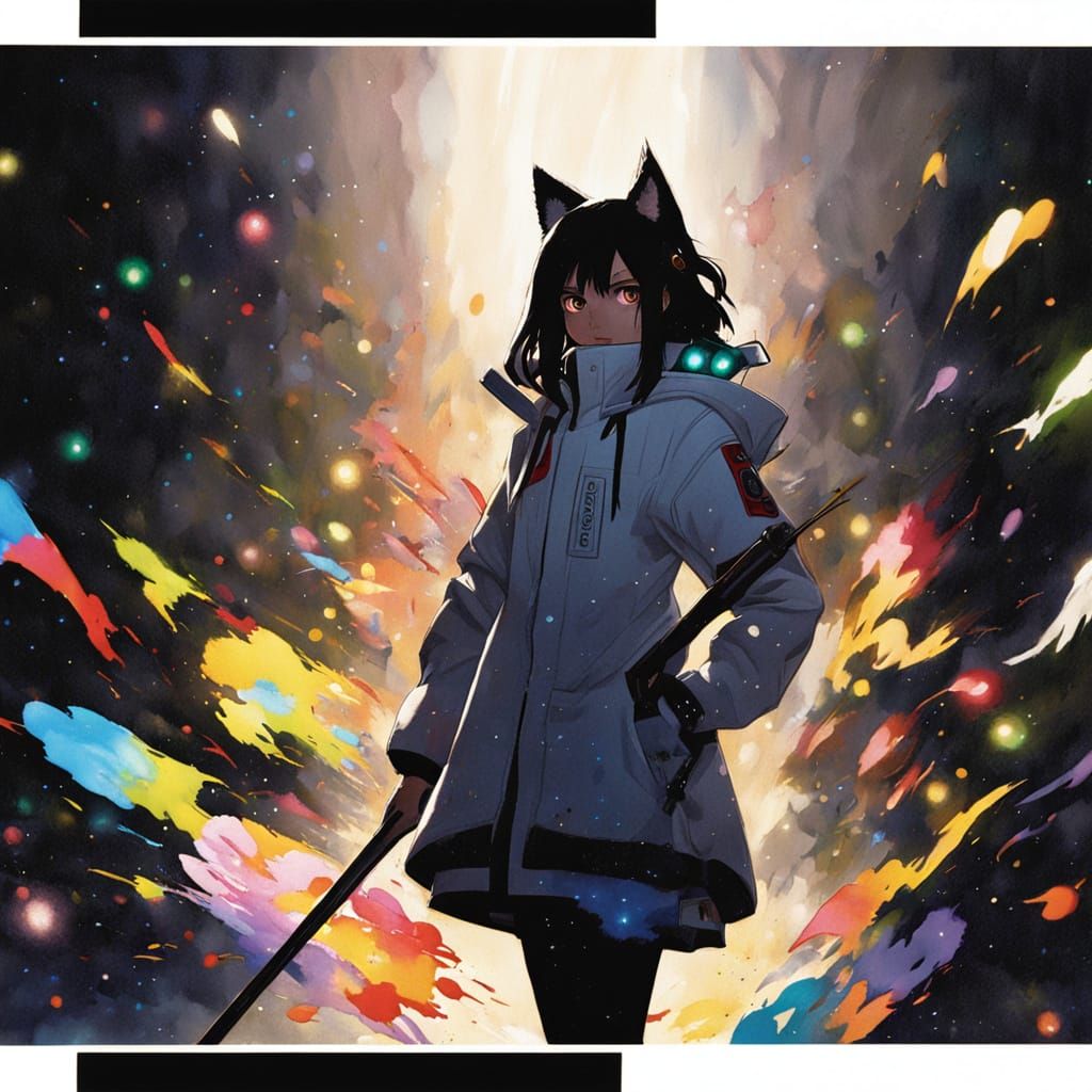 Anime Girl with Wolf Ears Painting a Manga Scene