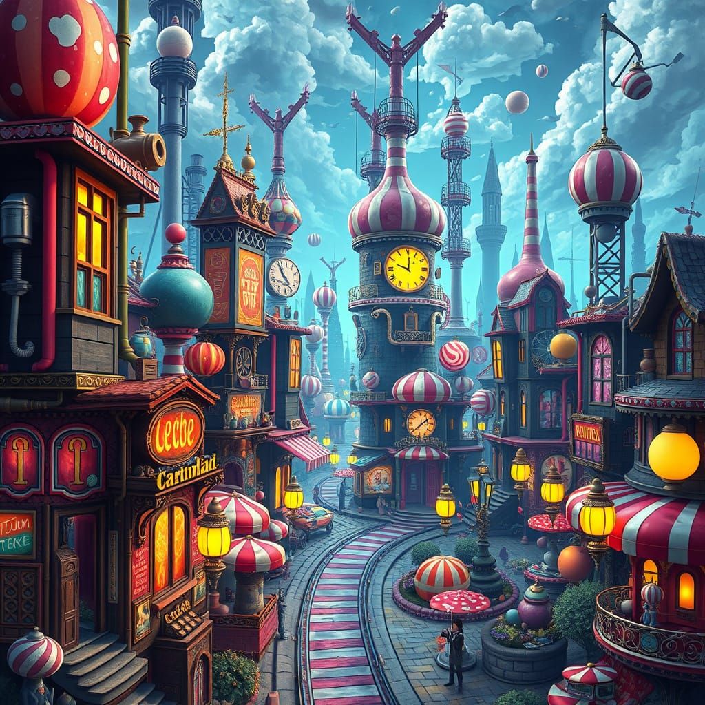 Whimsical Steam Punk Metropolis in Vibrant Candy Art