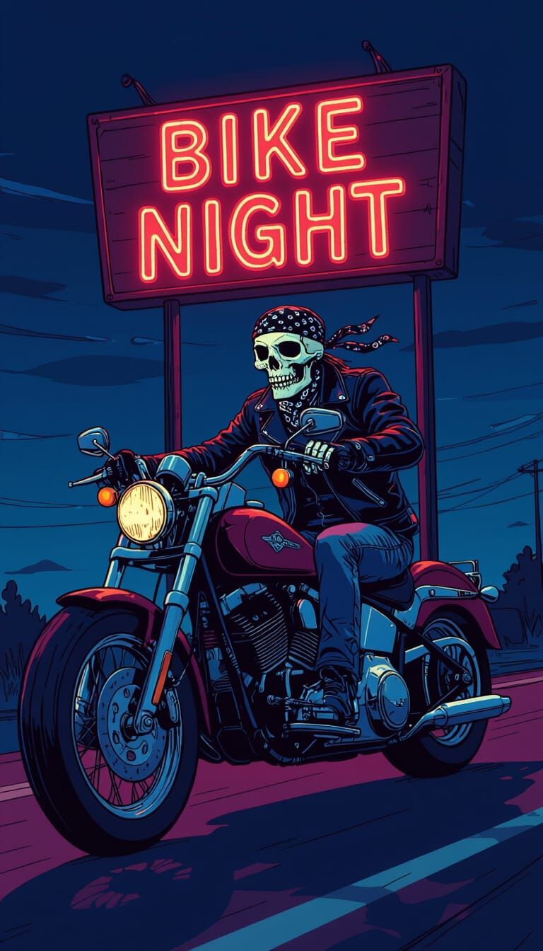 Skeleton Biker on Harley with Neon Sign in Cartoon Style