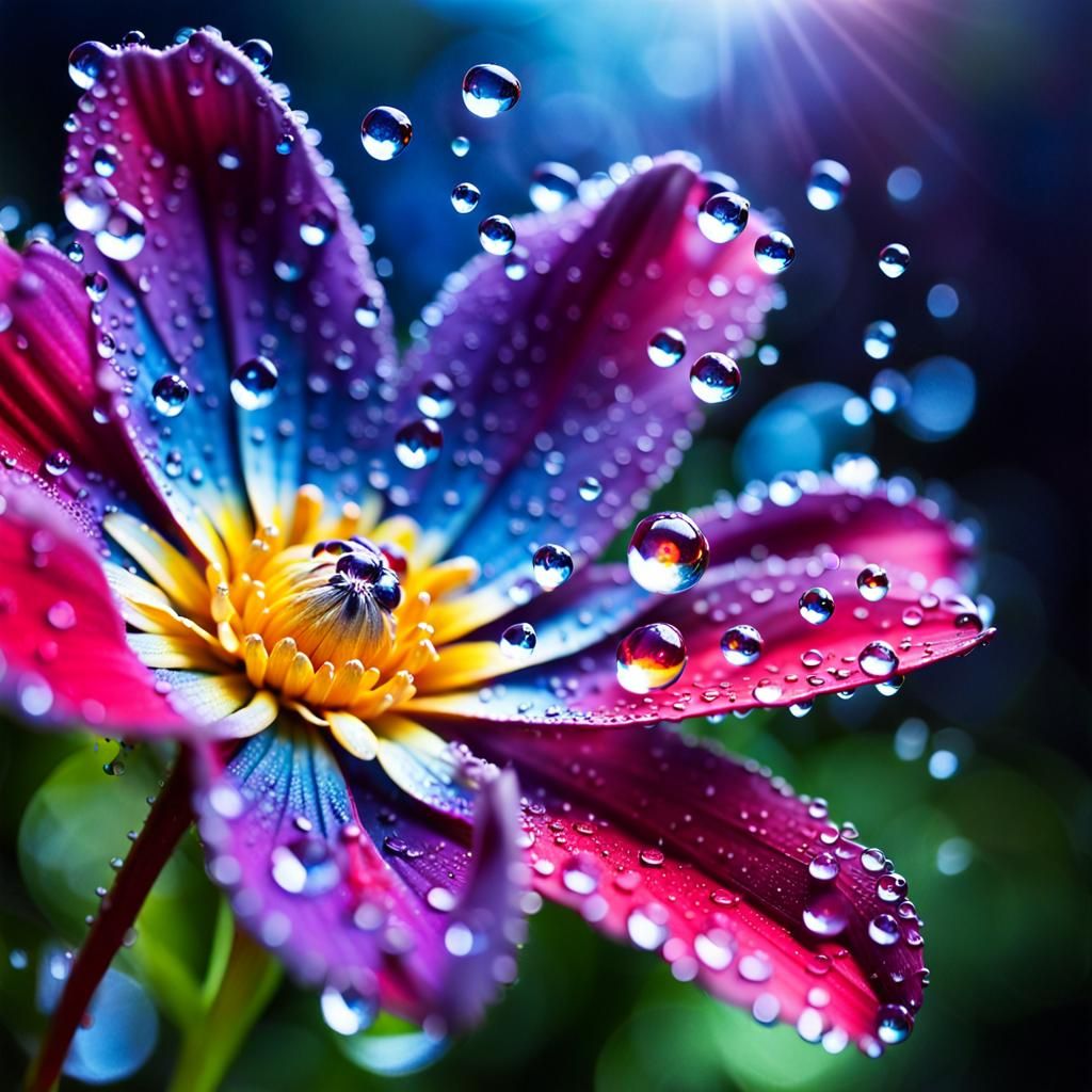 special, beautiful fantasy flower, shiny, colorful, dewdrops on the petals, enlarged, realistic photo Hyperrealistic, sp...