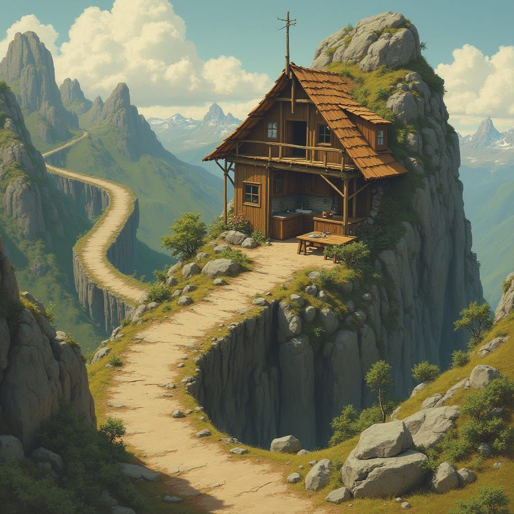 Rustic House on Muddy Mountain in Ghibli Style