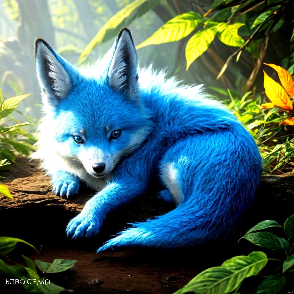 Whimsical Blue Fox Cub in Vibrant Fantasy World