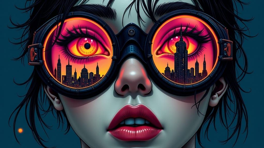 South Asian Woman in Futuristic Goggles with Cityscape Refle...