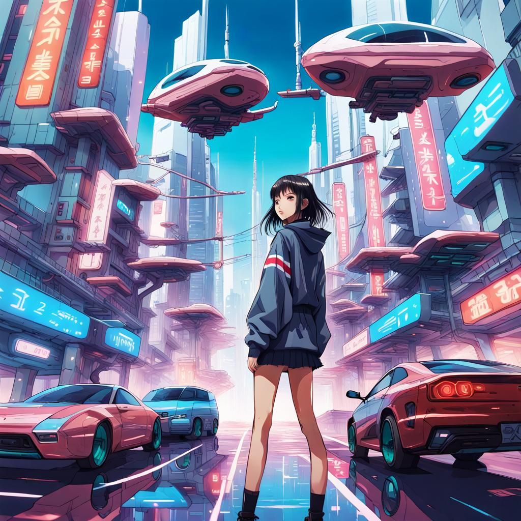 Anime Girl in Futuristic Cityscape