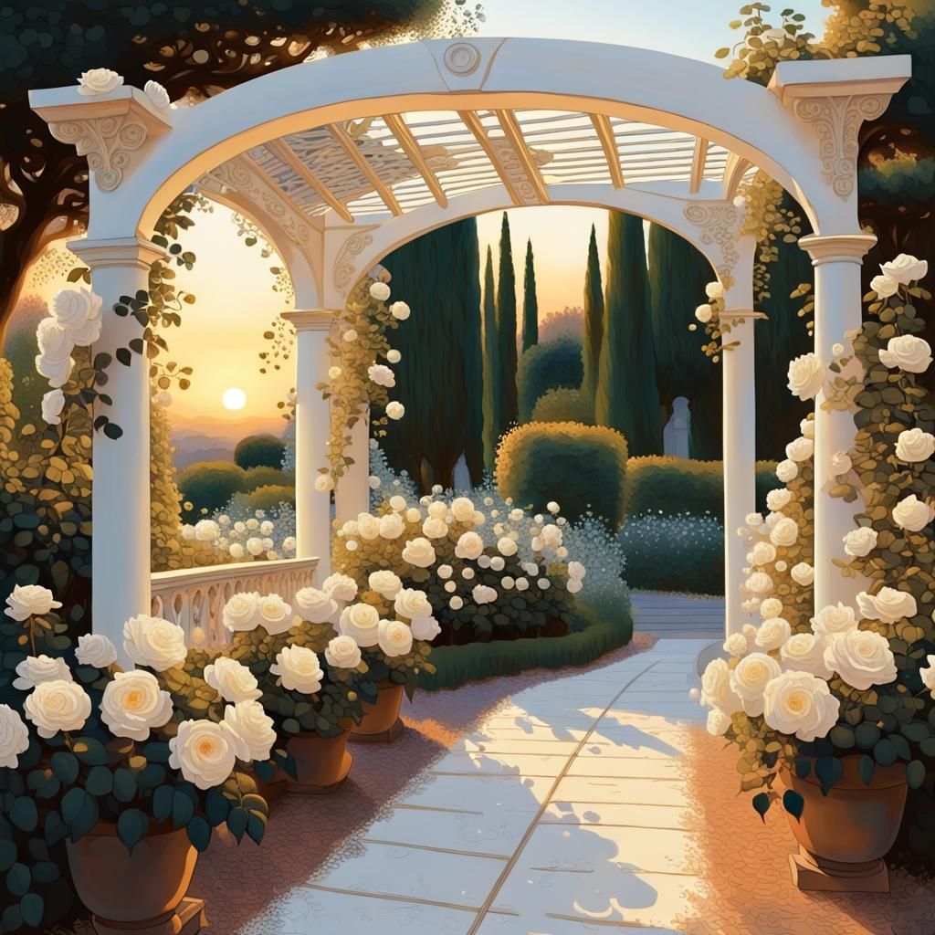 Ethereal White Rose Garden in French Renaissance Style