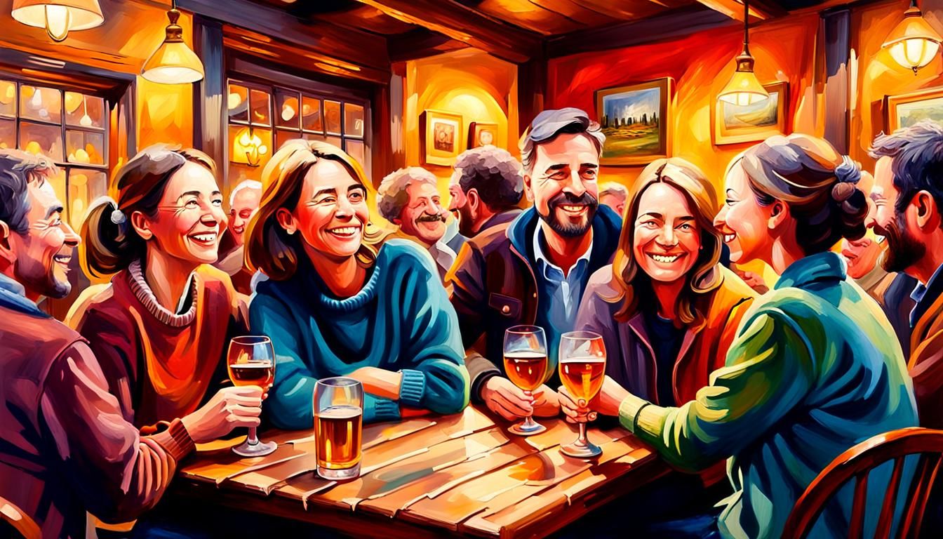 Joyful Pub Scene in Warm-Toned Oil Painting