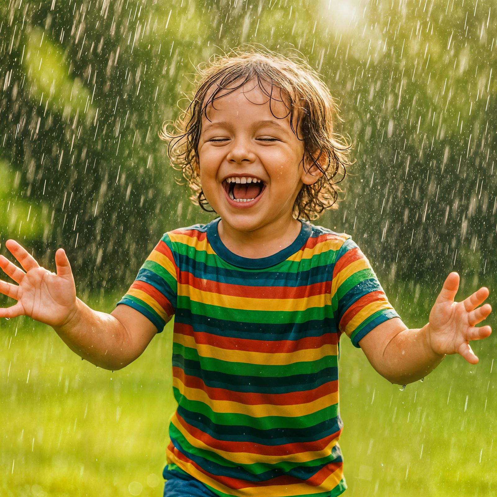 Happy Child Playing in Summer Rain