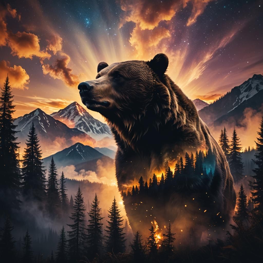 Cosmic Bear Silhouette with Mountain Sunset