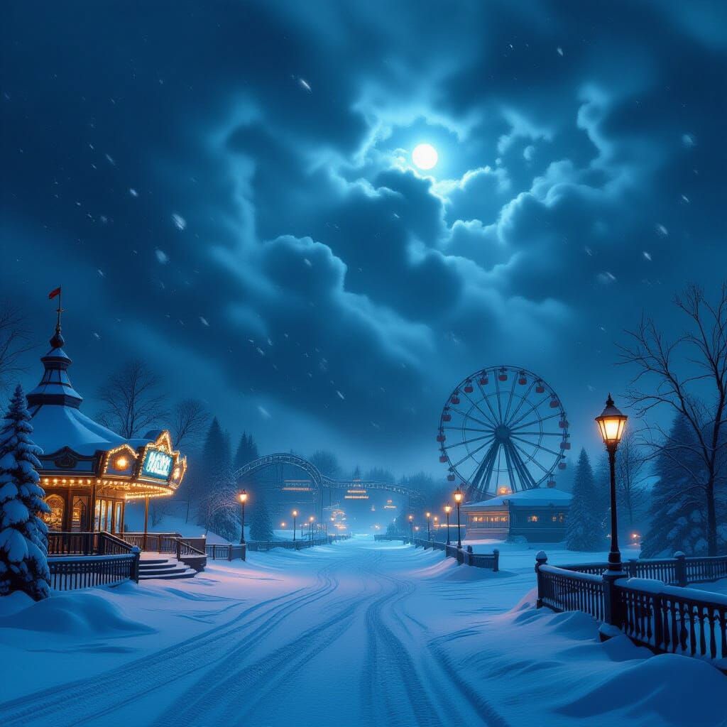 Snowy Blizzard Resort Amusement Park Under Dark Sky