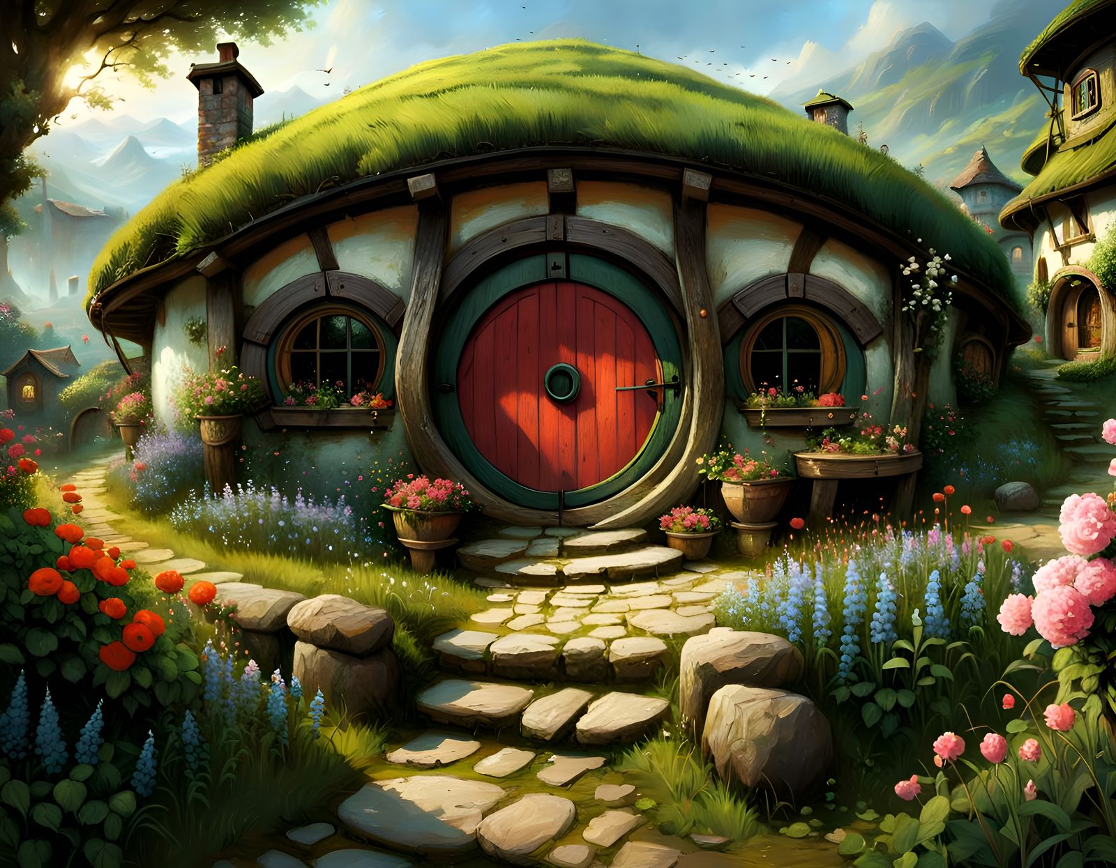 Enchanting Hobbit Village in Lush Landscape