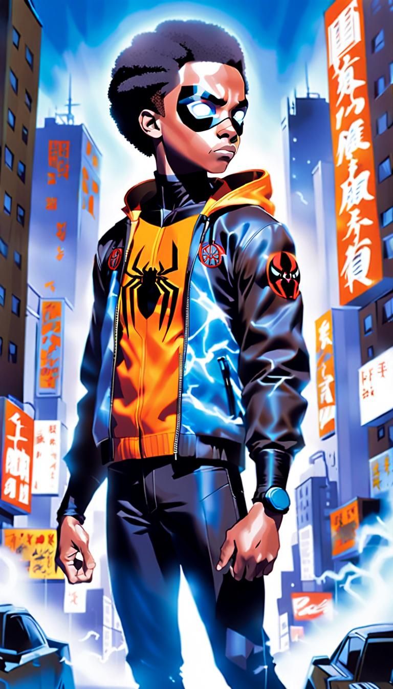 Miles Morales Comic Book Art in Japanese Illustration Style