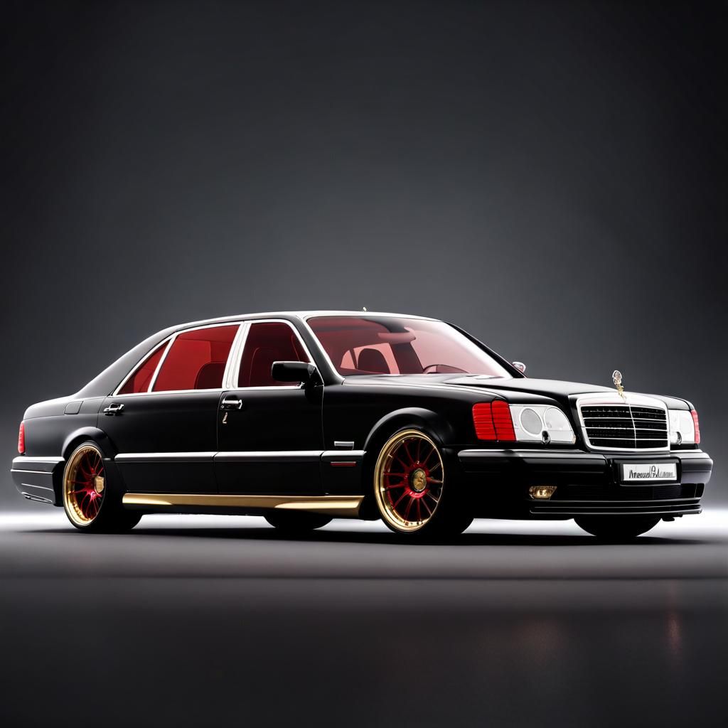 mercedes s-klasse w140 black body, brabus, wald, lorinser, red stripes, black grille, golden rims, dark black background...
