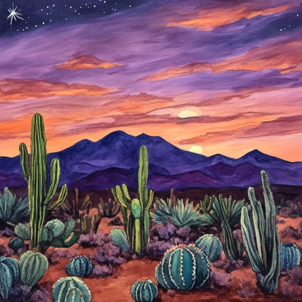 Desert Twilight: Purple and Orange Starry Sky