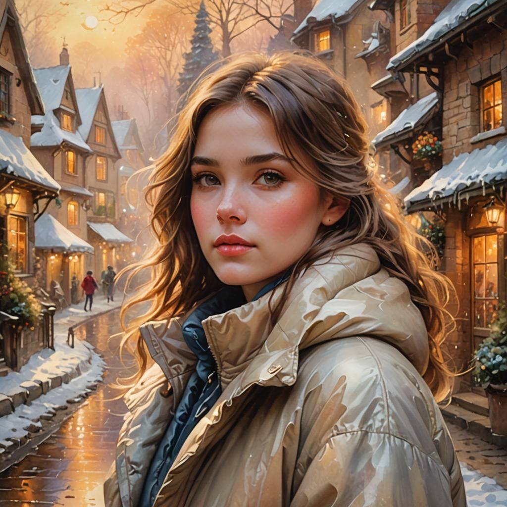 Ethereal Girl in Oversized Coat, Watercolor Style