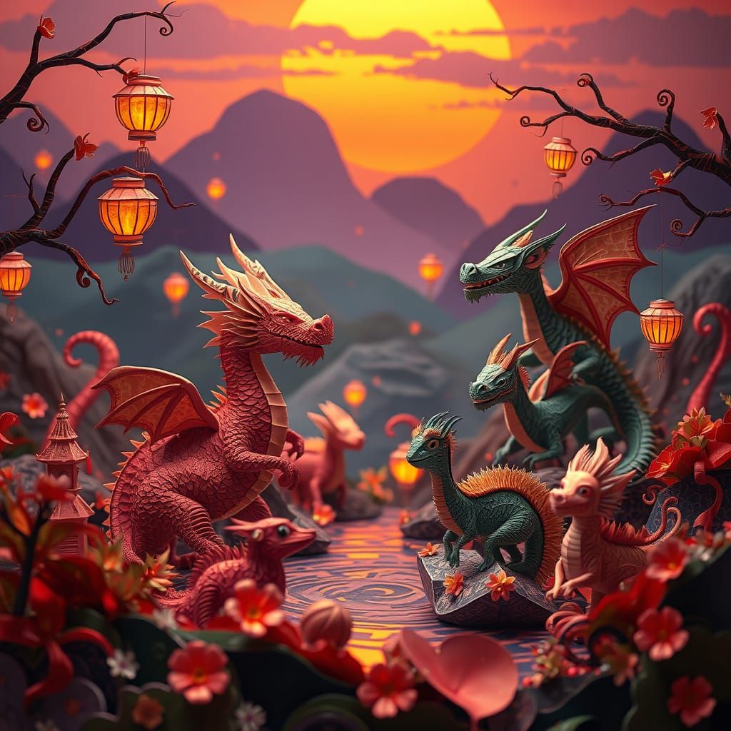 Whimsical Paper Creatures in Mythical Landscape