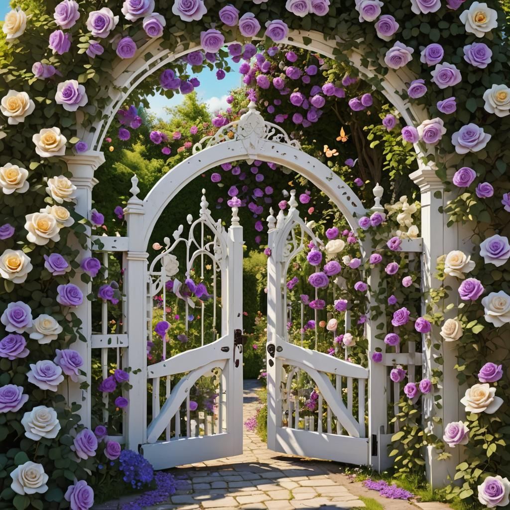 Purple Roses Adorn Secret Garden Gate