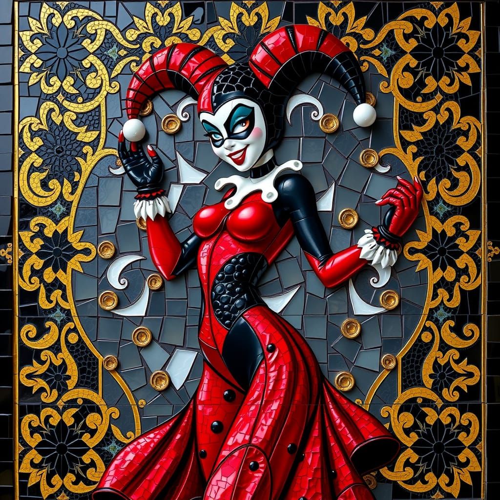 Islamic Stone Mosaic of Harley Quinn in Black and Gold