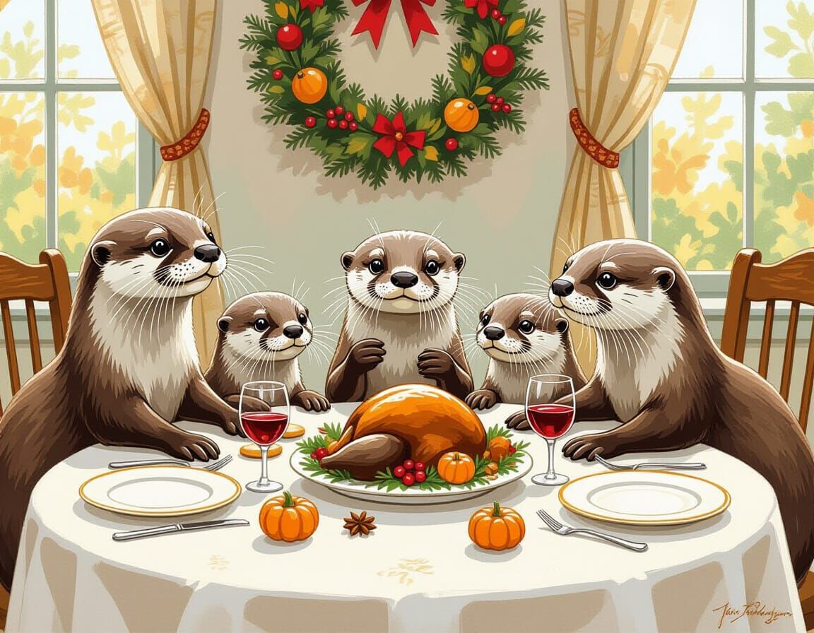 Cute Otter Family Thanksgiving Celebration