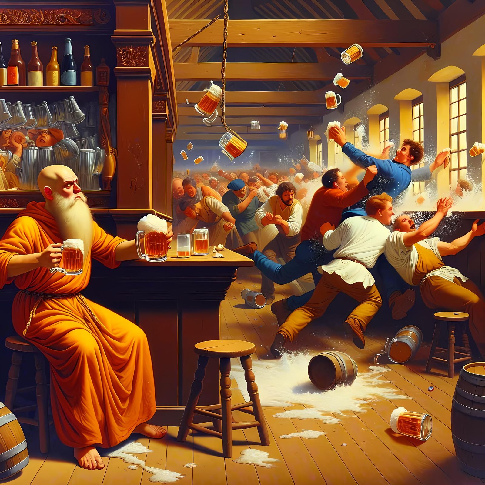 Animated Tavern Brawl with Monk, 19th Century Oil Painting