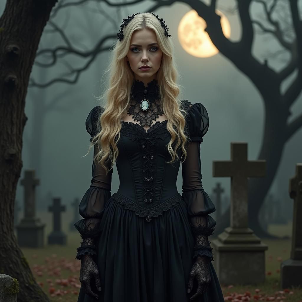Gothic Woman in Moonlit Cemetery, Beksinski Style