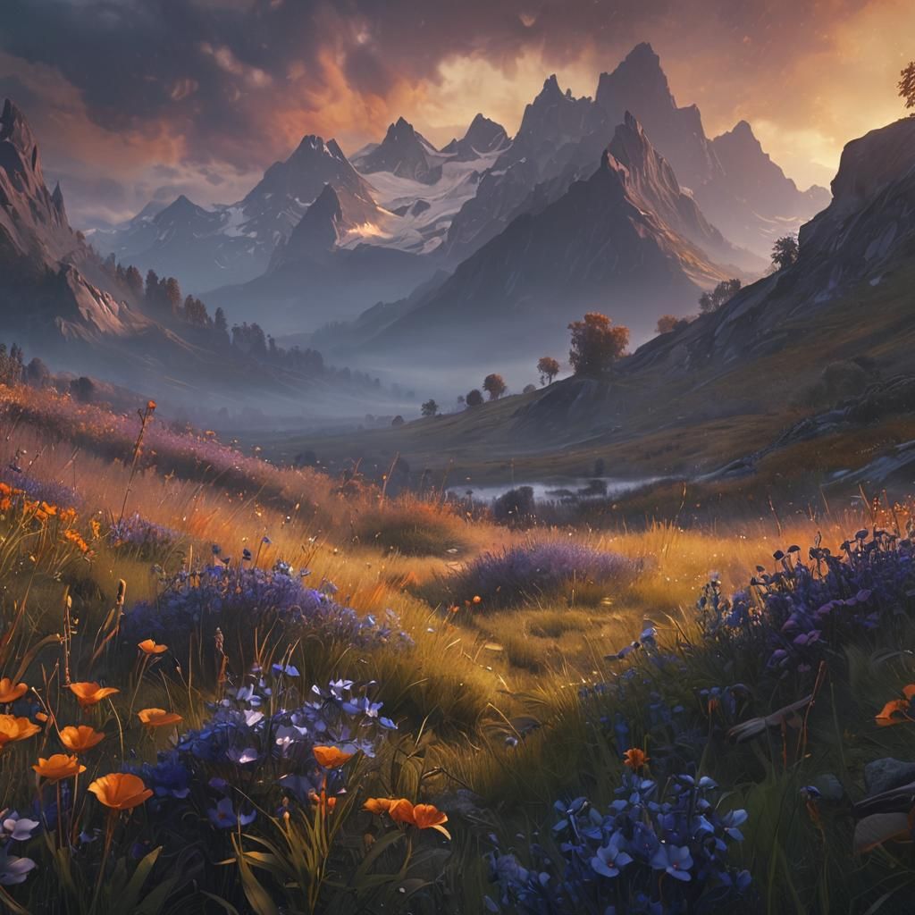 Misty Mountain Meadow in Dark Fantasy Oil Painting