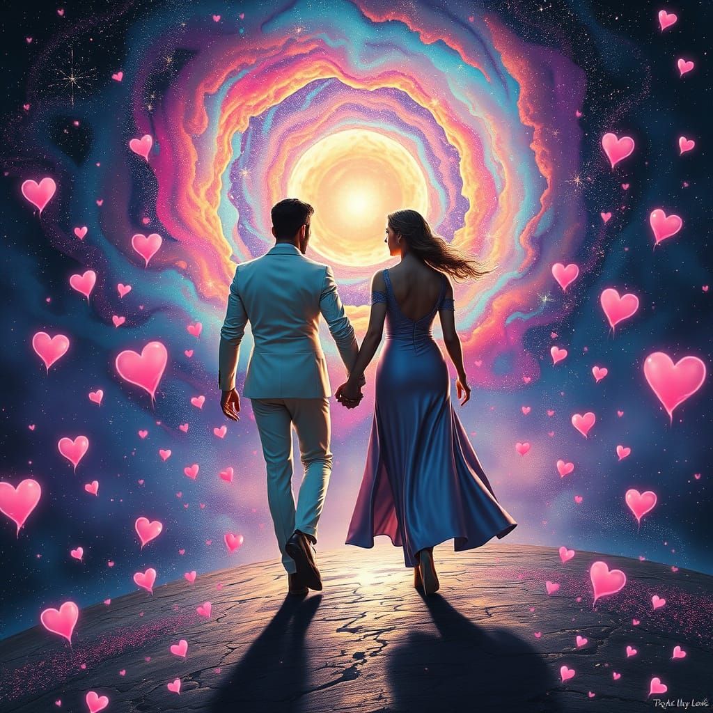 Ethereal Cosmic Dreamscapes: Enchanted Couple Amidst Iridesc...