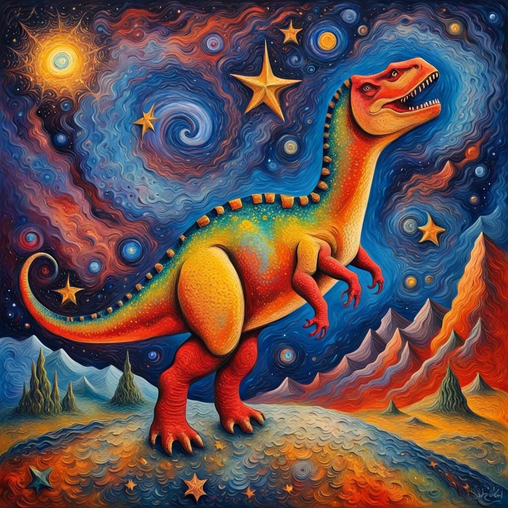 Starikosaurus Dinosaur Roaming Cosmos in Abstract Impasto