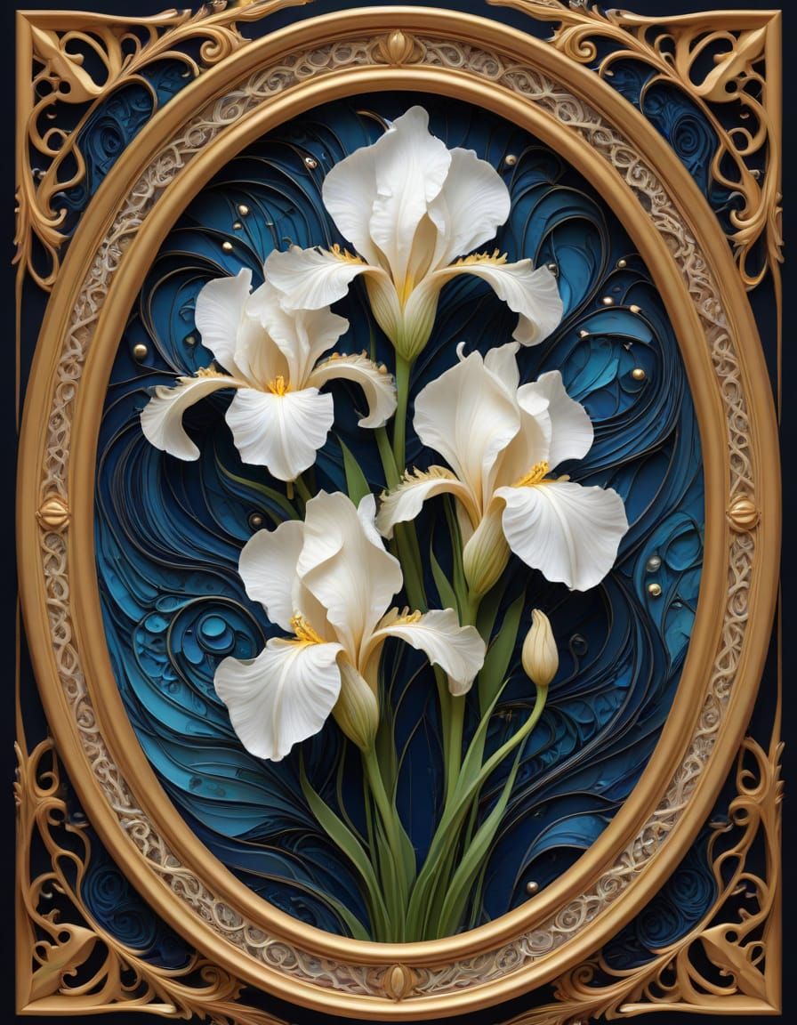 Stained-Glass Iris Flowers in Oval Gold Frame