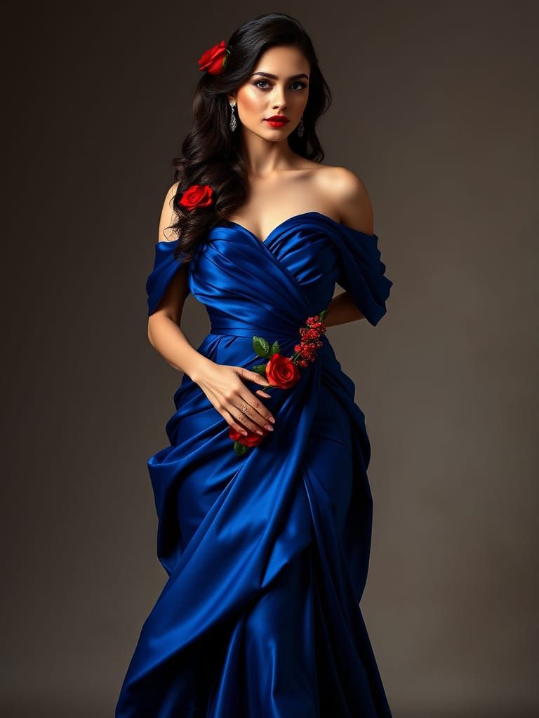 Elegant Woman in Royal Blue Evening Gown with Red Rose