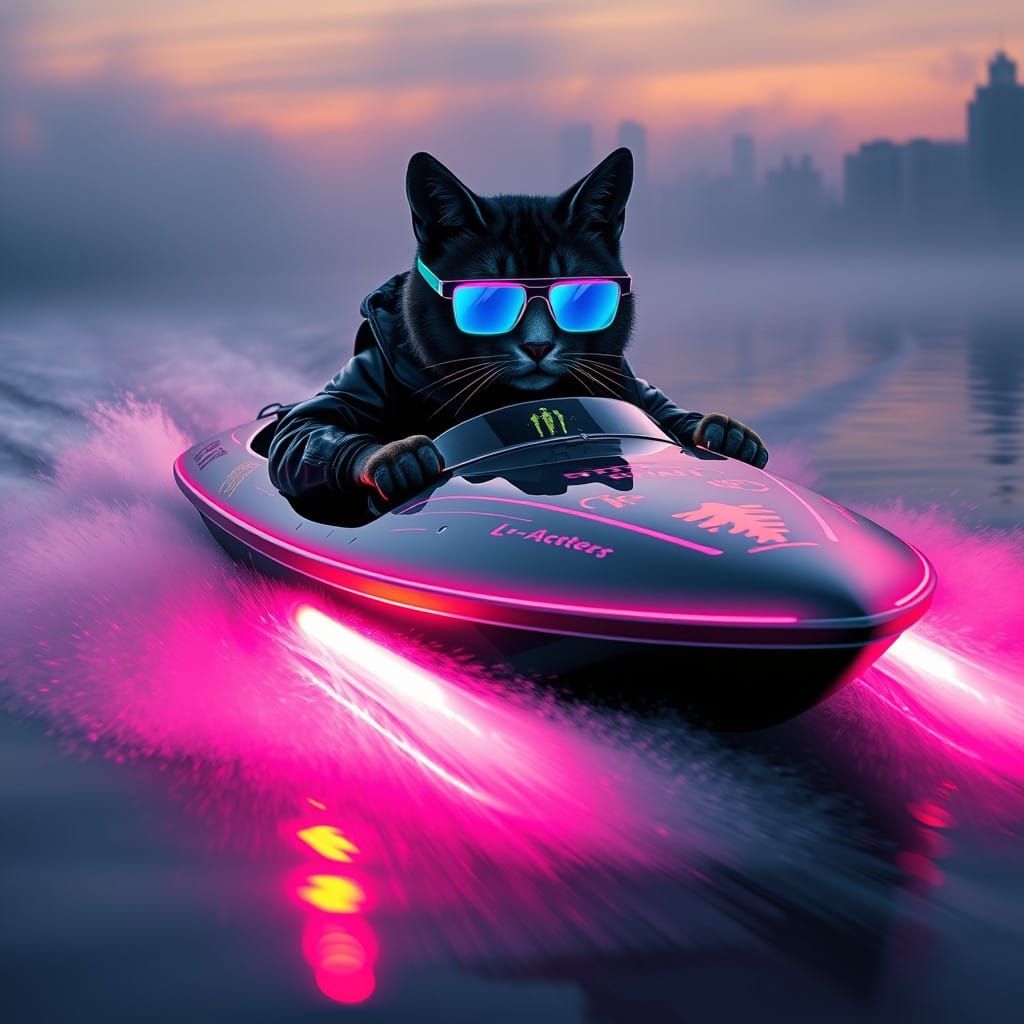 Sleek Speedboat Glides Across Neon-Lit River