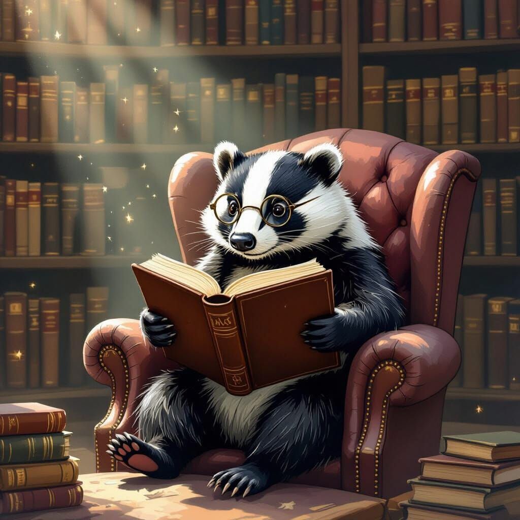 Badger Scholar in Dimly Lit Study