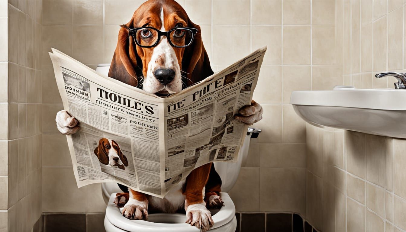 Basset Hound Reading Newspaper on Toilet as Oil Painting