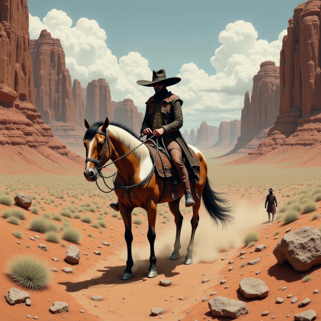 Cowboy Rides Through Slaughterhouse Canyon in Syd Mead Style