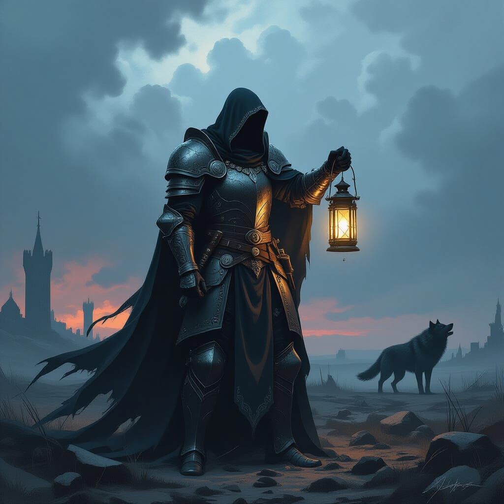 Gothic Warrior with Lantern on Battlefield