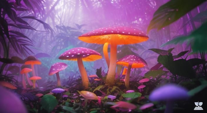 Neon Mushrooms in Violet Rainforest: Professional Photograph...