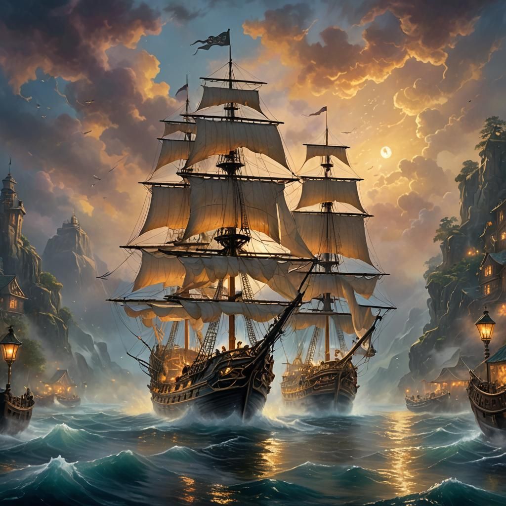 Pirate Ship in Misty Waters: Kinkade-Inspired Fantasy