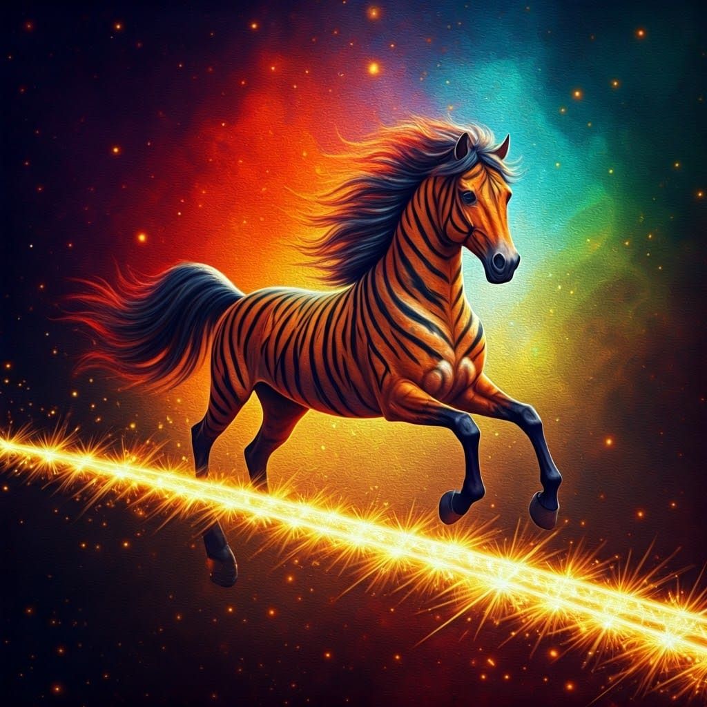 Vibrant Tiger-Horse in a Rainbow Nebula