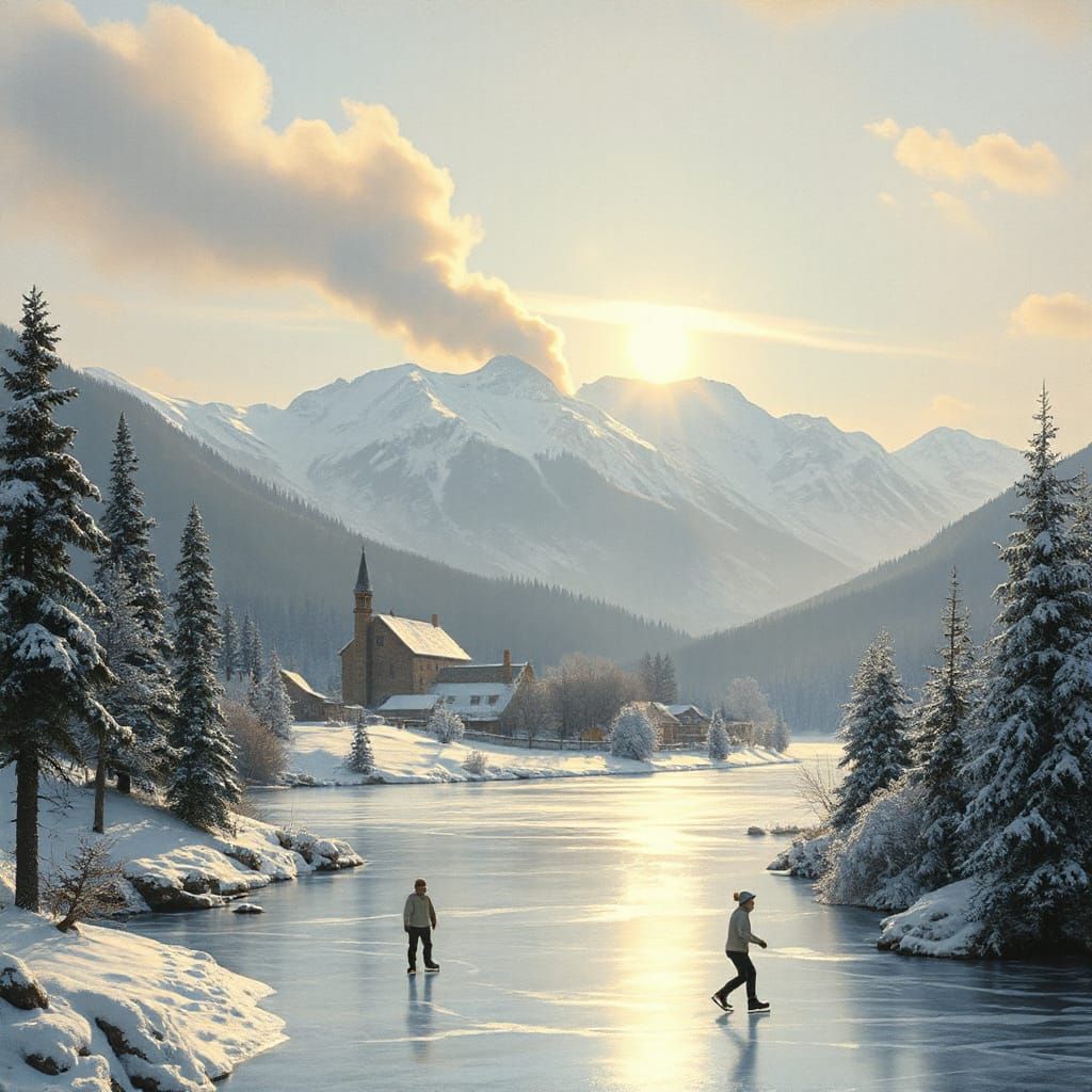 Winter Village Amidst Snow-Capped Mountains