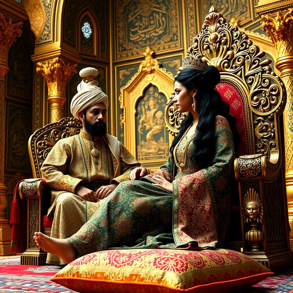 Opulent Persian Palace Scene with Sultan and Queen