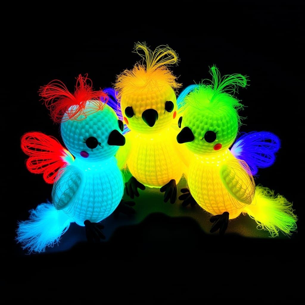 Fluorescent Crochet Birds Under Blacklight
