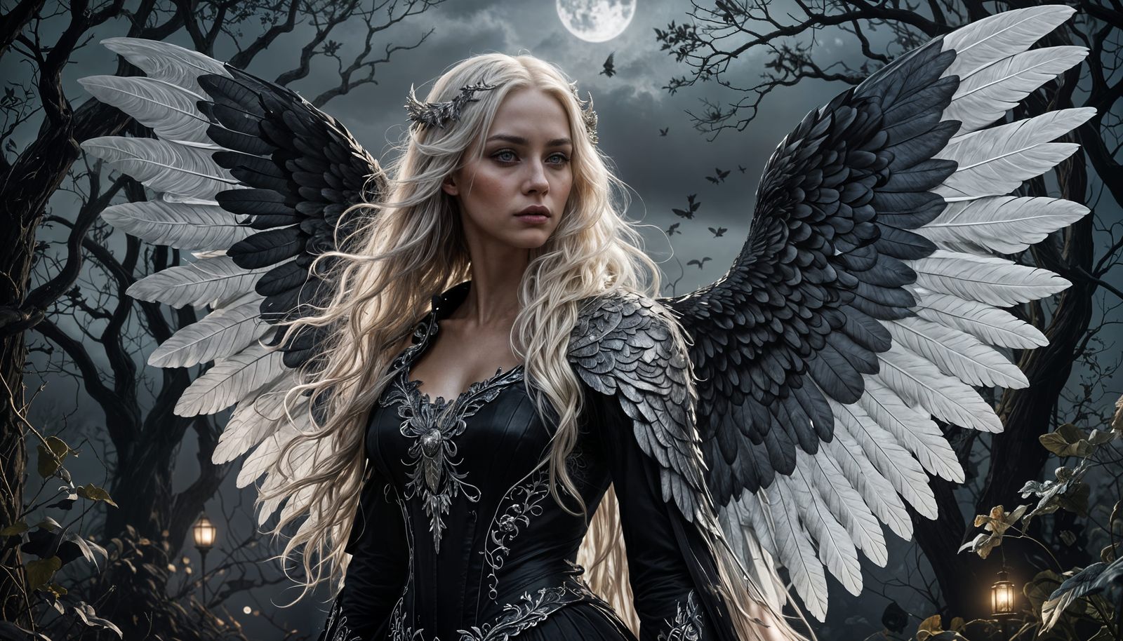 Ethereal Woman with Black Wings in HDR