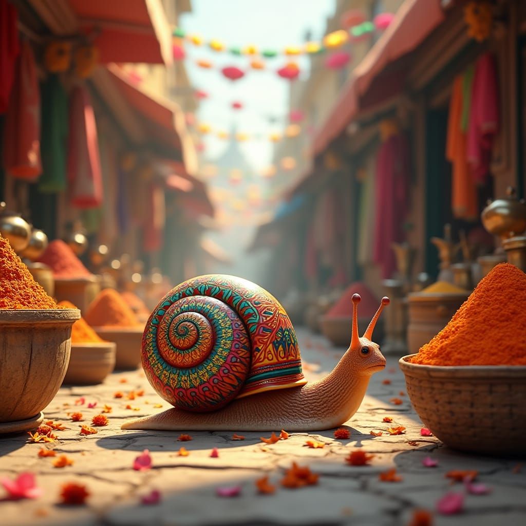 Mandala Snail's Journey Through Vibrant Indian Market
