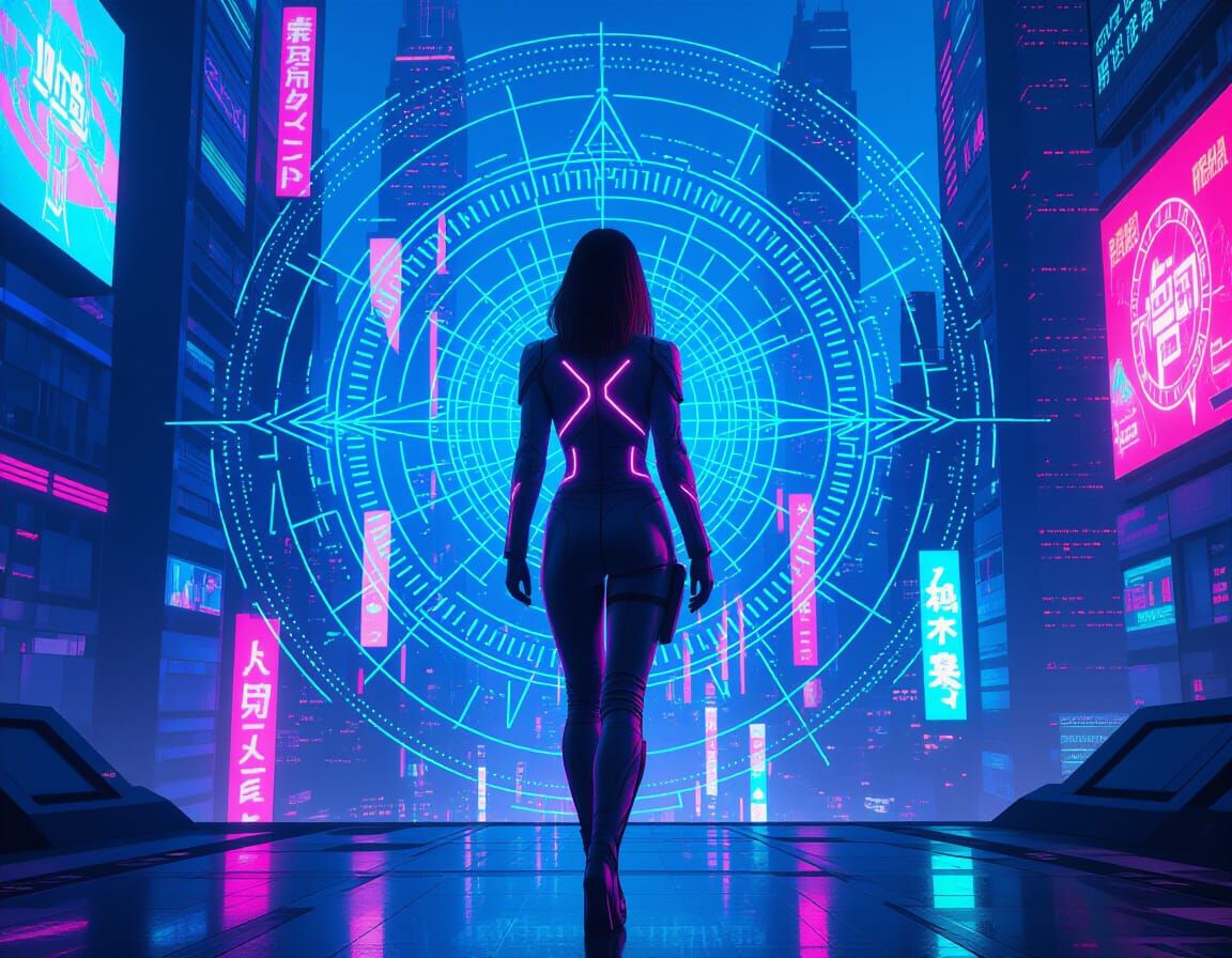 Futuristic Cityscape with Neon Jumpsuit in Cyberpunk Style