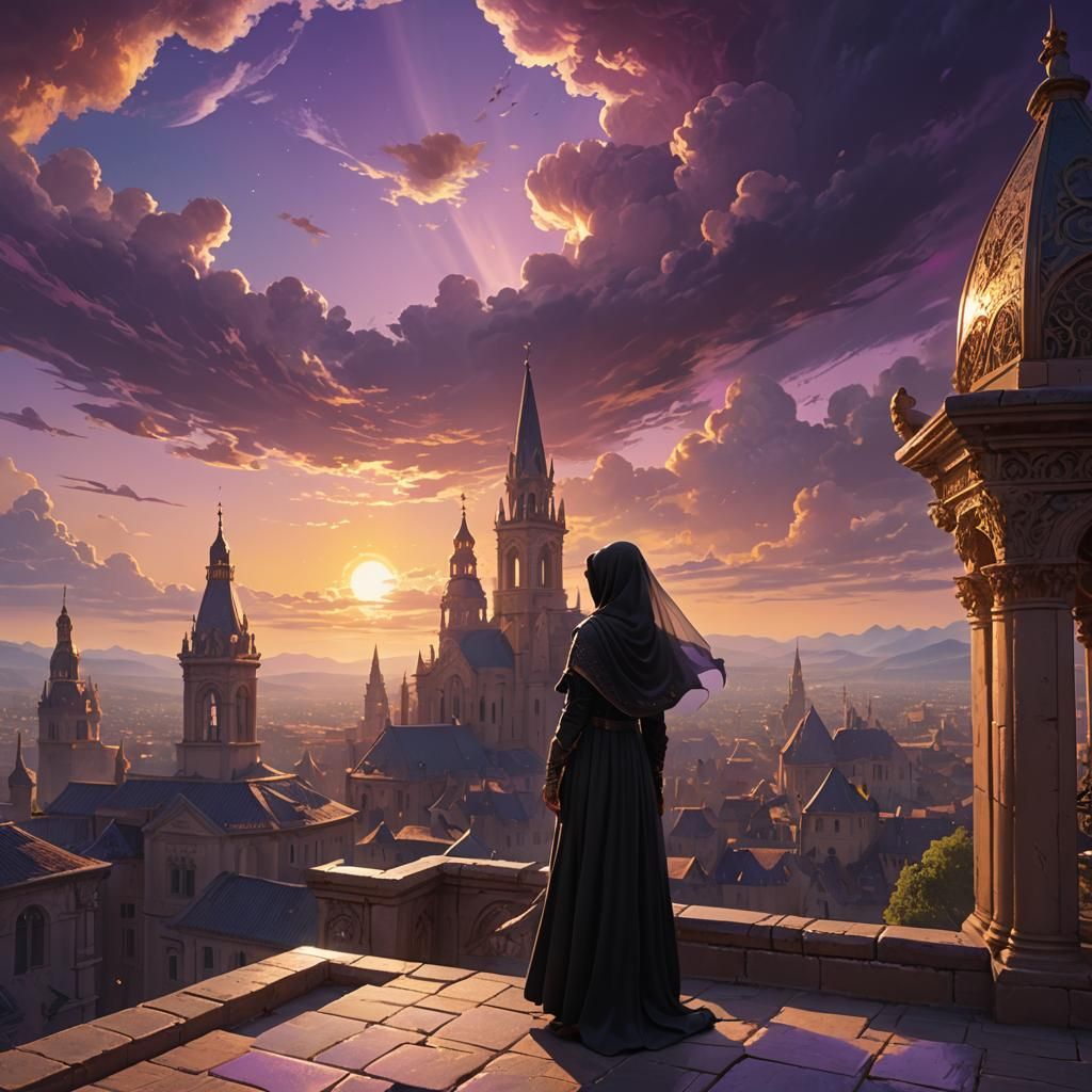 Veiled Figure in Fantasy Landscape with Dramatic Sky