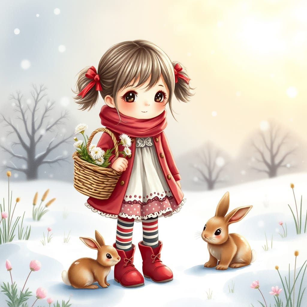 Whimsical Winter Girl with Bunny in Snowy Meadow
