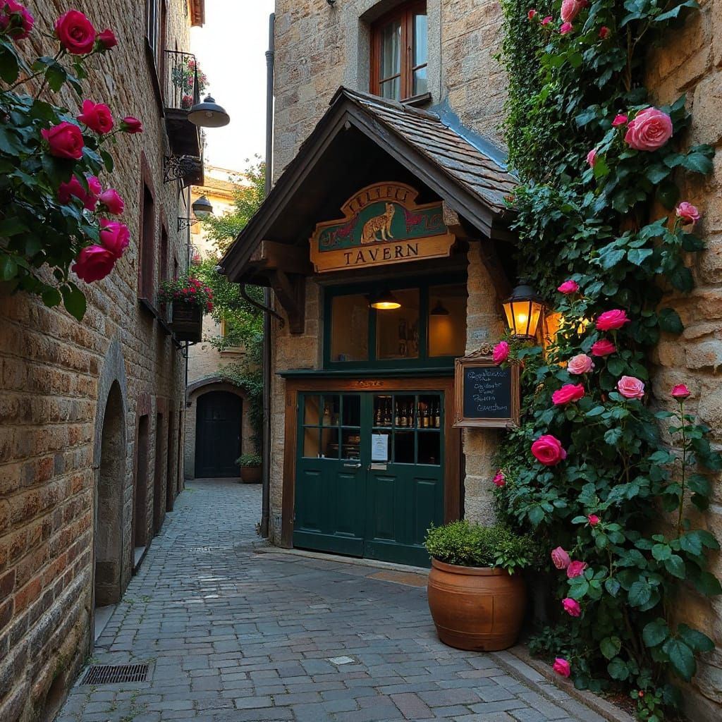 Medieval Tavern with Coyote Sign in Evening Alley